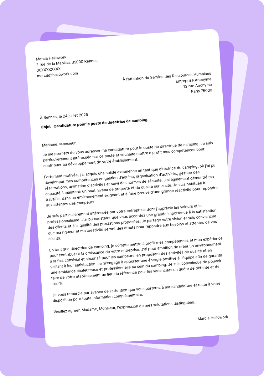 Exemple lettre de motivation Directeur de camping