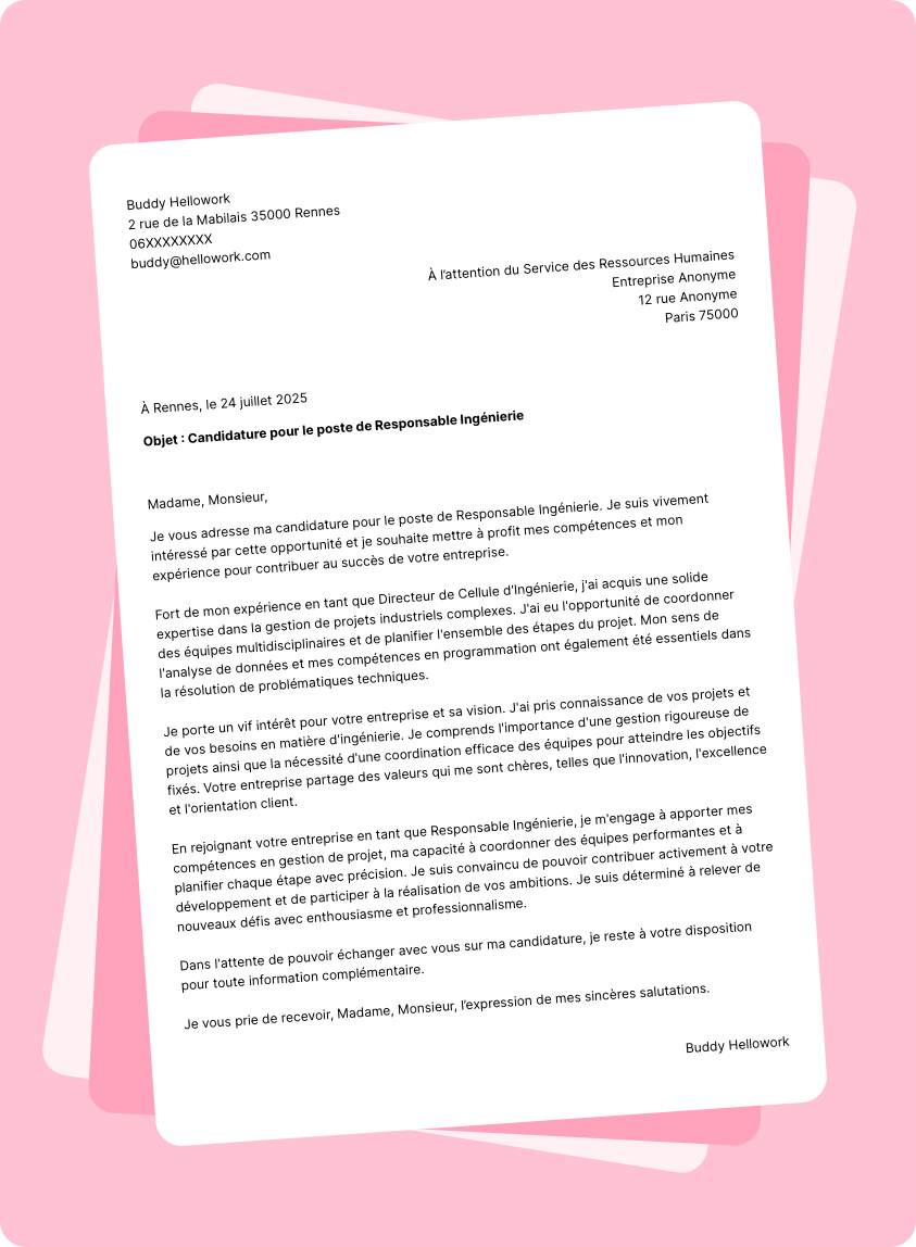 Modèle lettre de motivation Responsable ingénierie Exemple lettre de motivation Responsable ingénierie