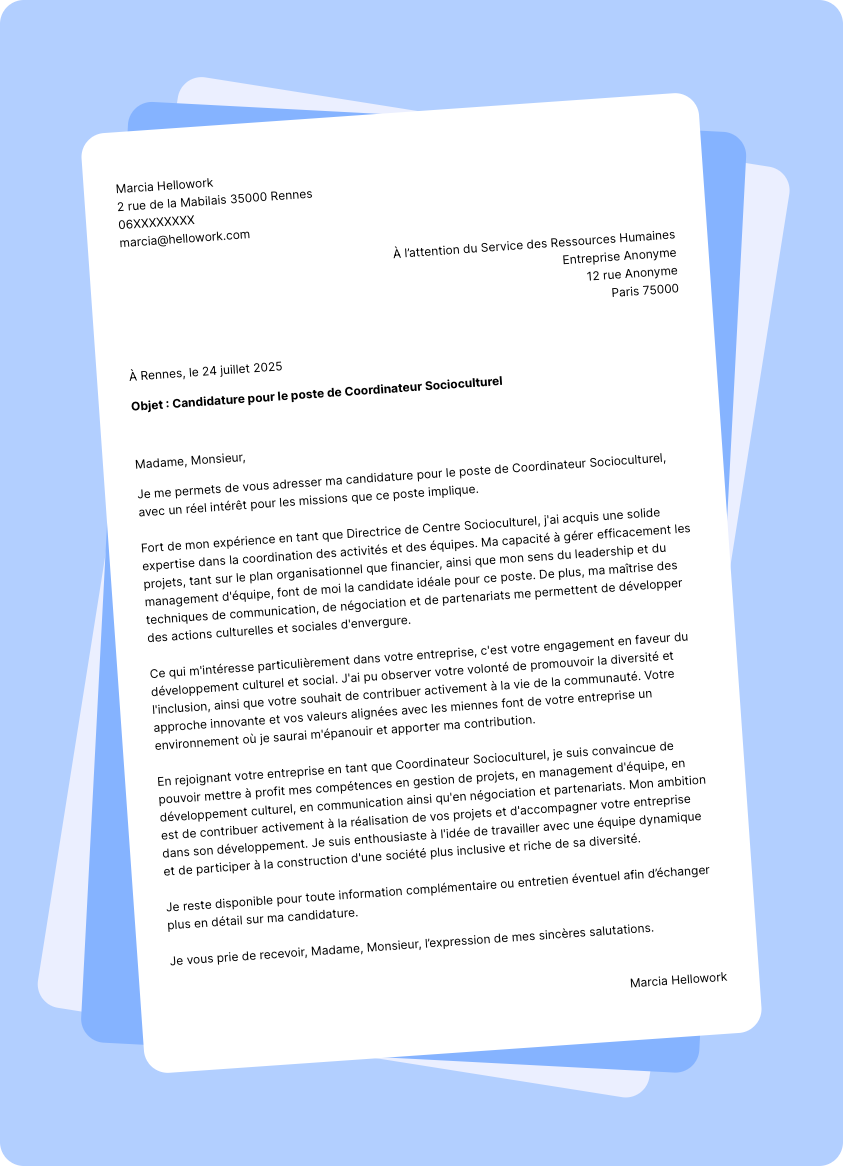 Exemple lettre de motivation Directeur de centre socioculturel
