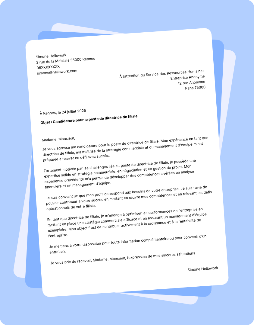 Exemple lettre de motivation Directeur de filiale