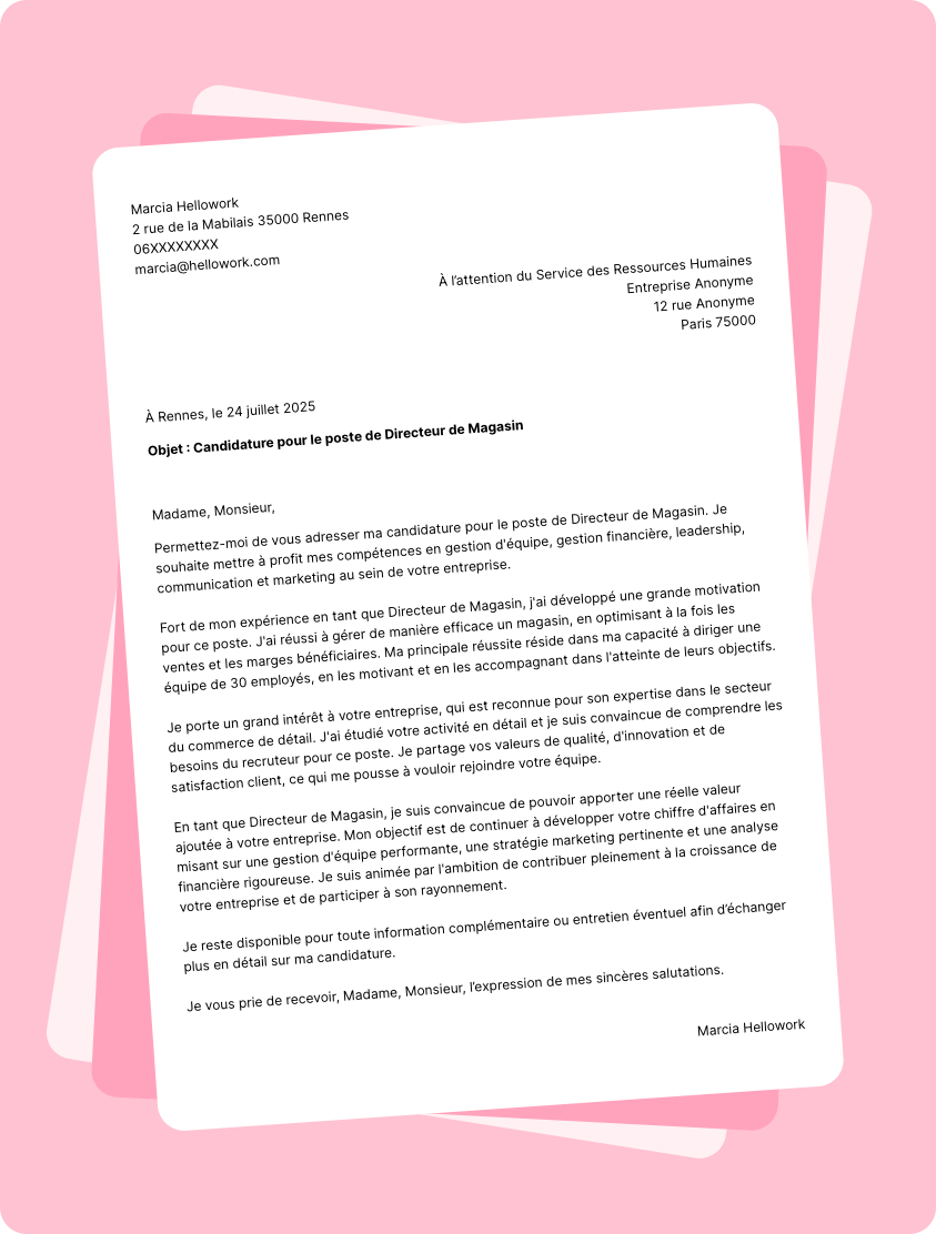 Modèle lettre de motivation Directeur de magasin Exemple lettre de motivation Directeur de magasin