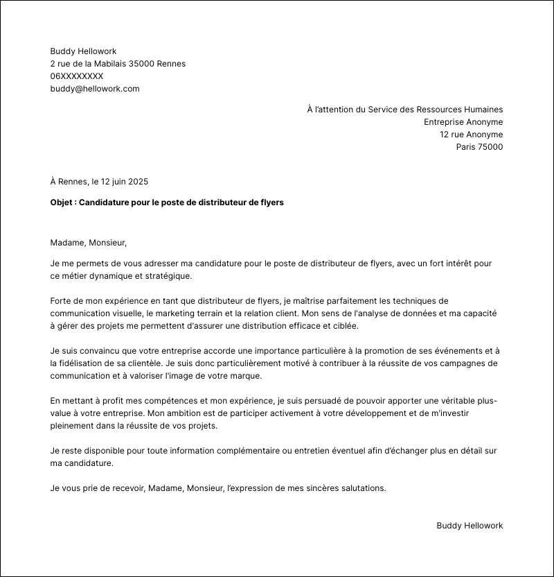 Modèle lettre de motivation Distributeur de flyers Exemple lettre de motivation Distributeur de flyers