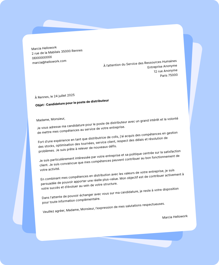 Modèle lettre de motivation Distributeur Exemple lettre de motivation Distributeur