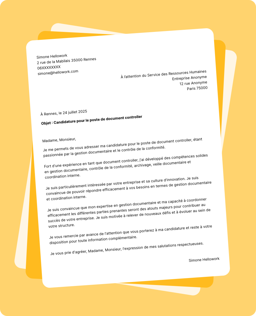 Exemple lettre de motivation Document controller