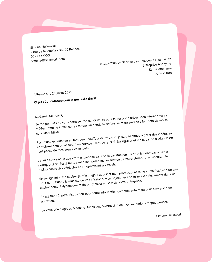 Modèle lettre de motivation Driver Exemple lettre de motivation Driver