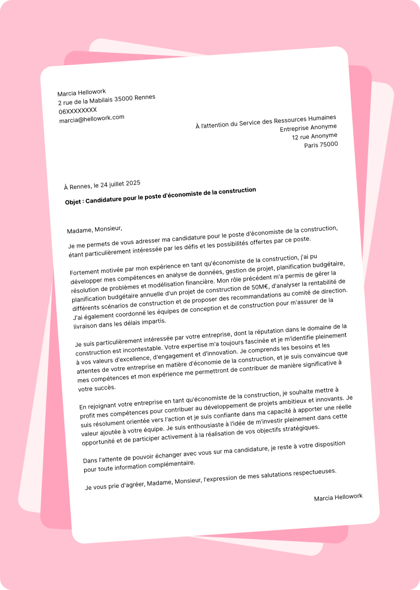 Modèle lettre de motivation Economiste de la construction Exemple lettre de motivation Economiste de la construction