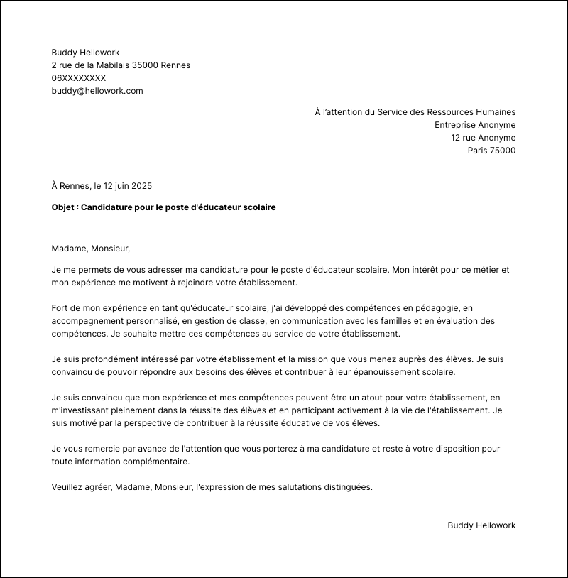 Modèle lettre de motivation Educateur scolaire Exemple lettre de motivation Educateur scolaire
