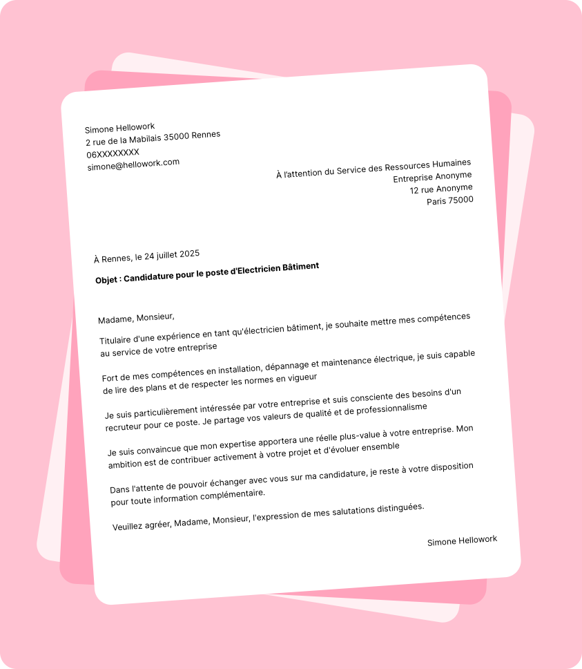Exemple lettre de motivation Electricien bâtiment