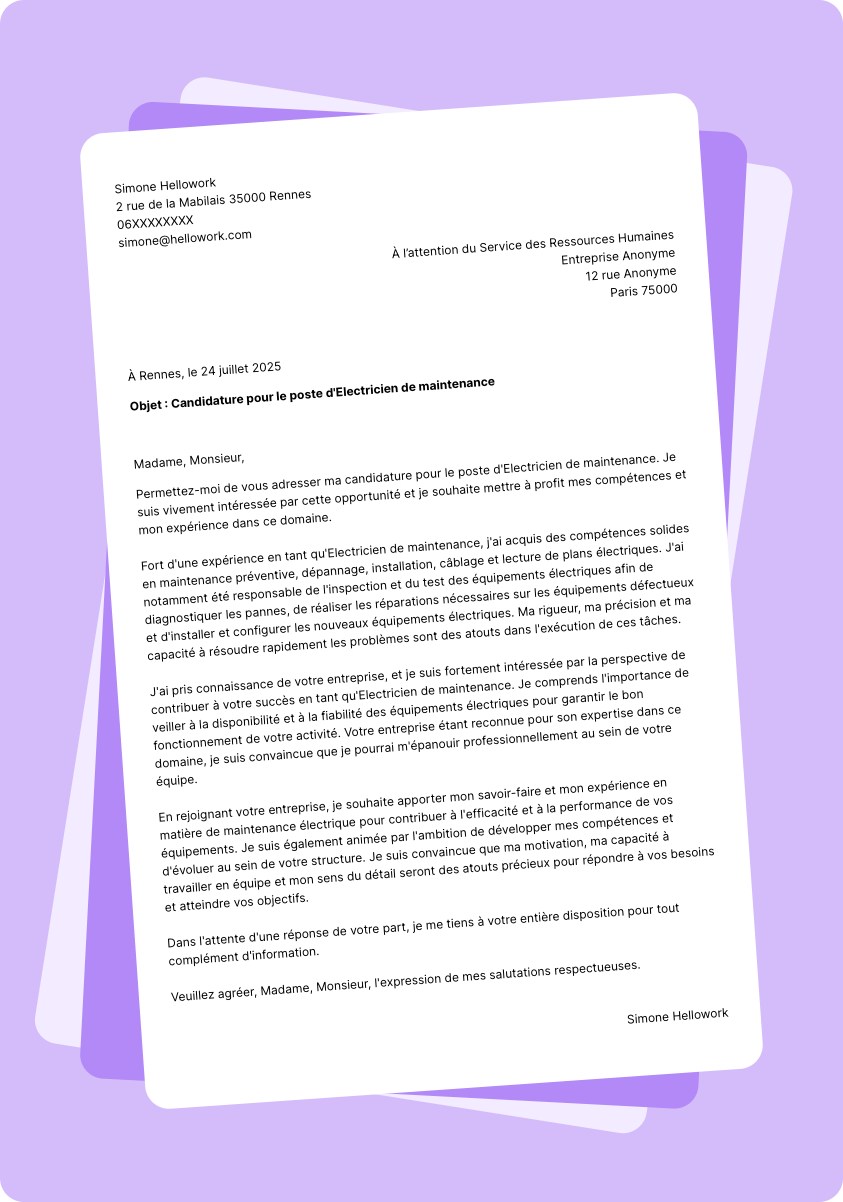 Modèle lettre de motivation Electricien de maintenance Exemple lettre de motivation Electricien de maintenance