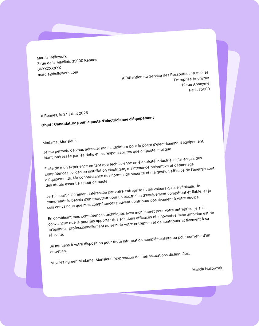 Exemple lettre de motivation Electricien d'équipement