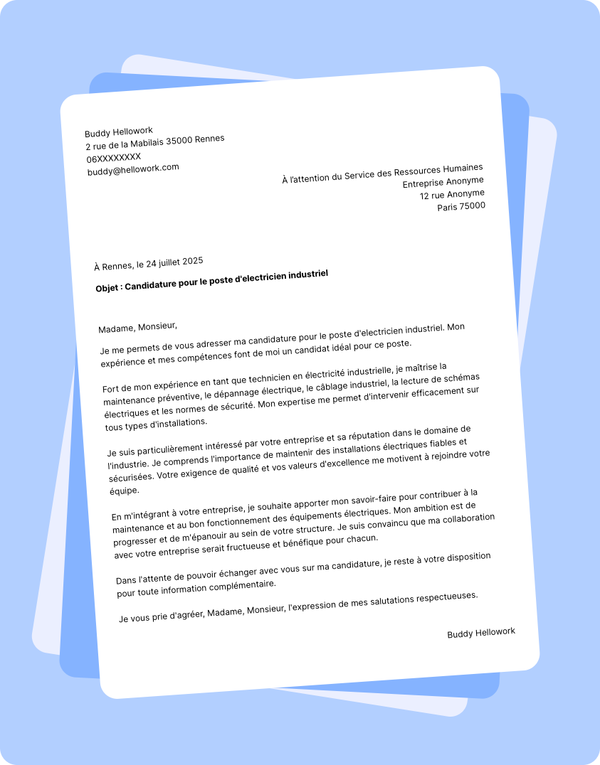 Exemple lettre de motivation Electricien industriel