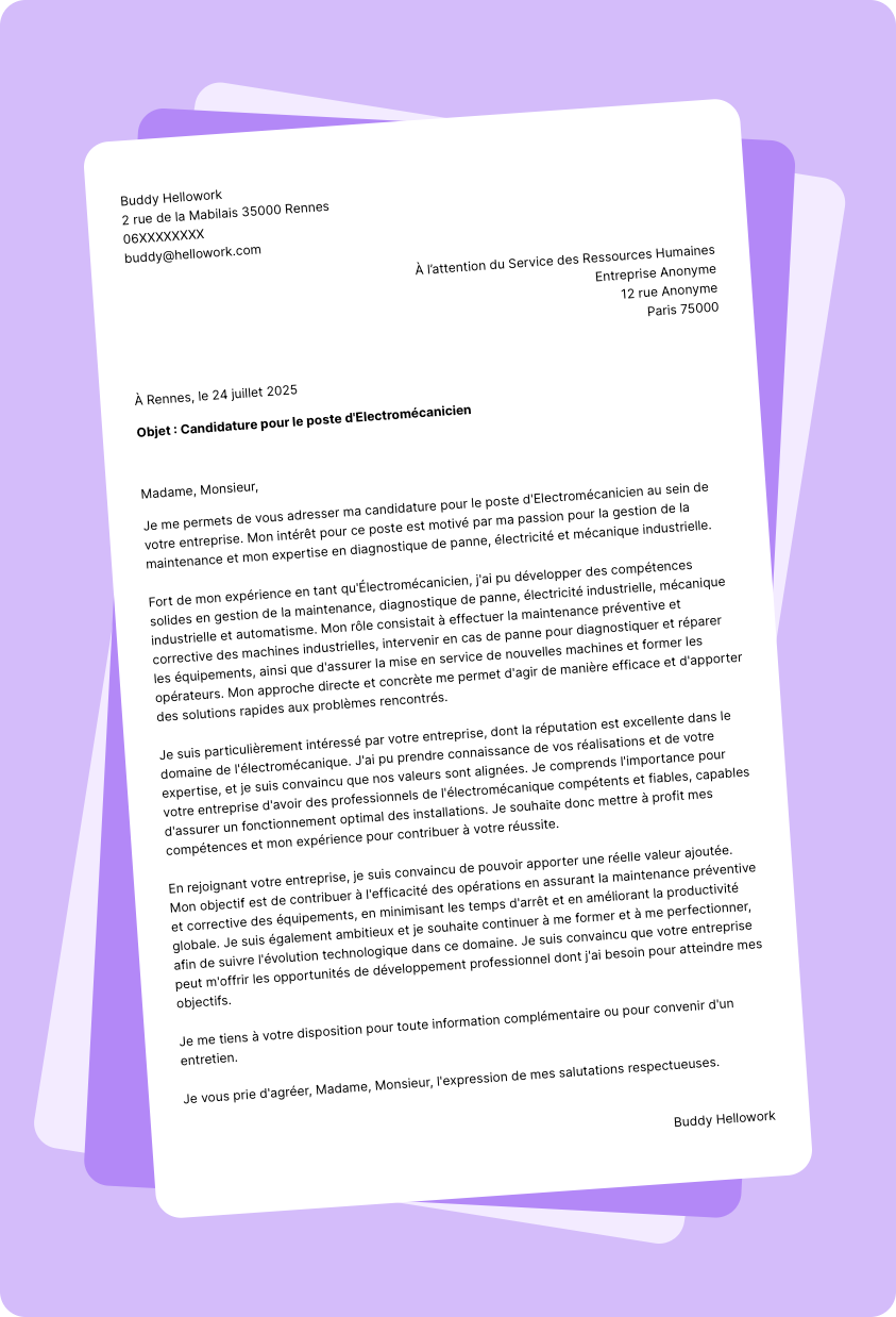 Modèle lettre de motivation Electromécanicien Exemple lettre de motivation Electromécanicien