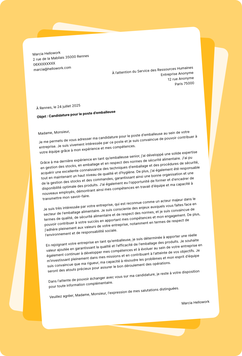 Exemple lettre de motivation Emballeur