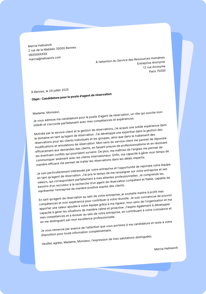 Exemple lettre de motivation Agent de réservation