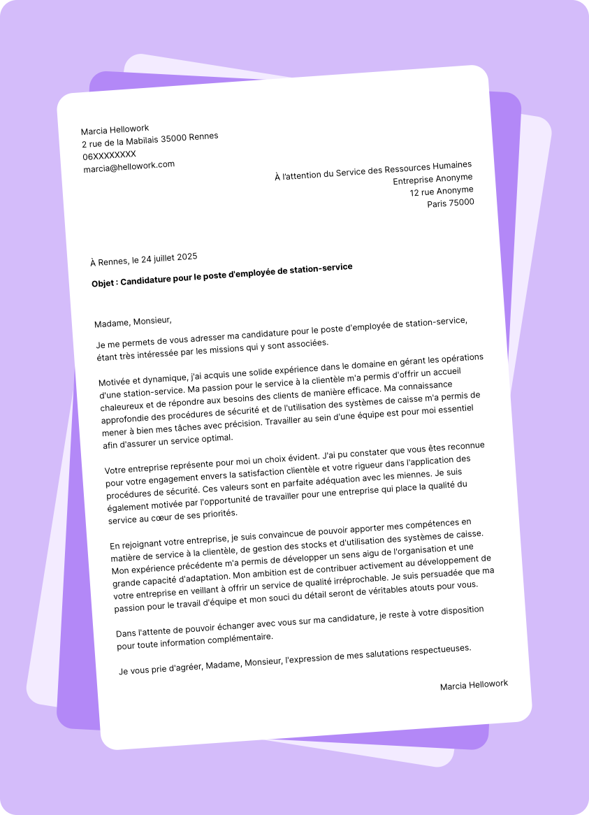 Exemple lettre de motivation Employé de station service