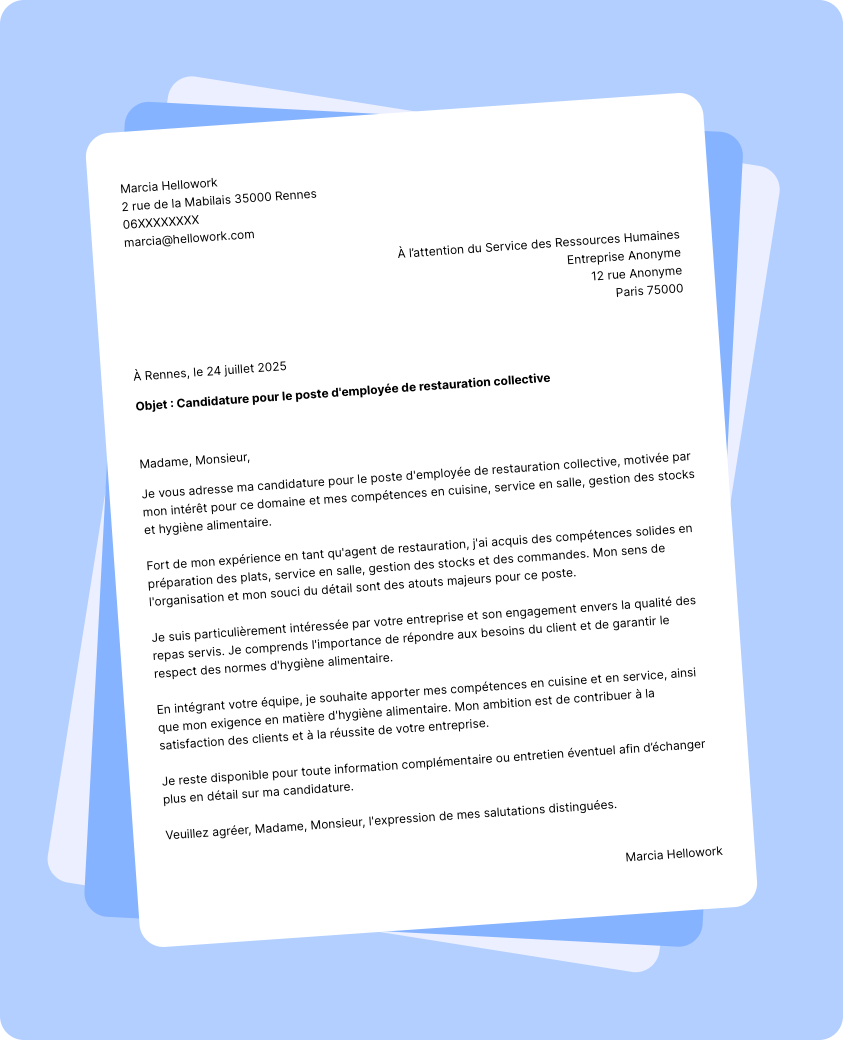 Exemple lettre de motivation Employé de restauration collective