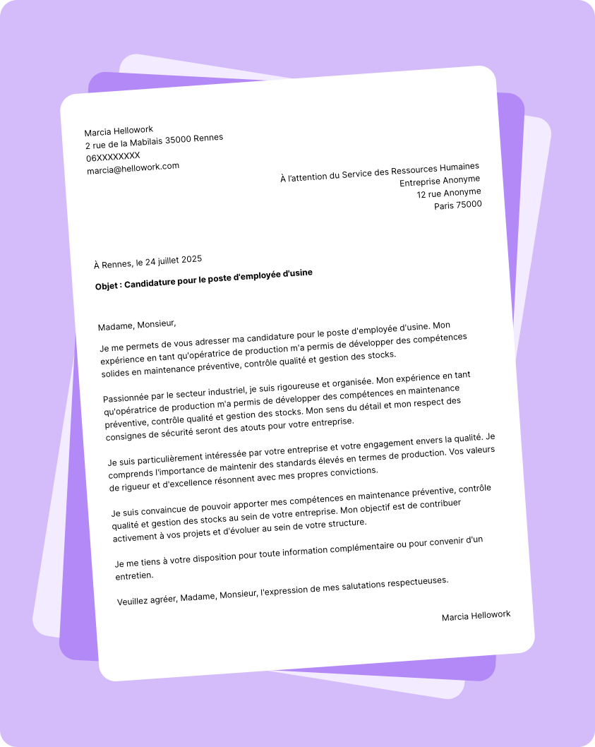Modèle lettre de motivation Employé d'usine Exemple lettre de motivation Employé d'usine