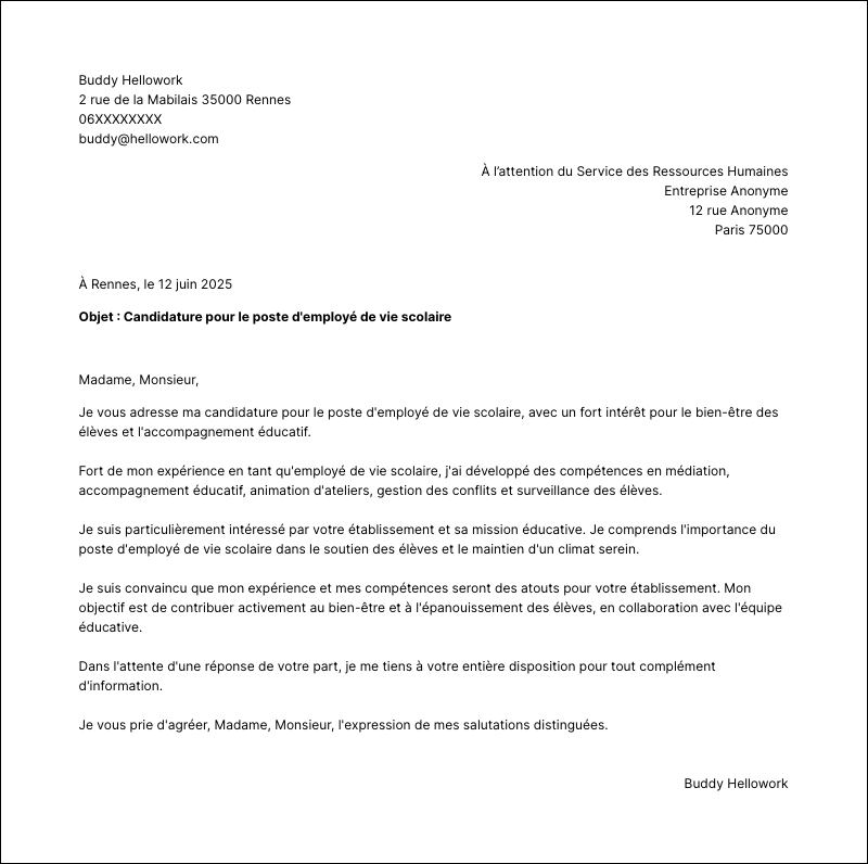 Exemple lettre de motivation Employé de vie scolaire