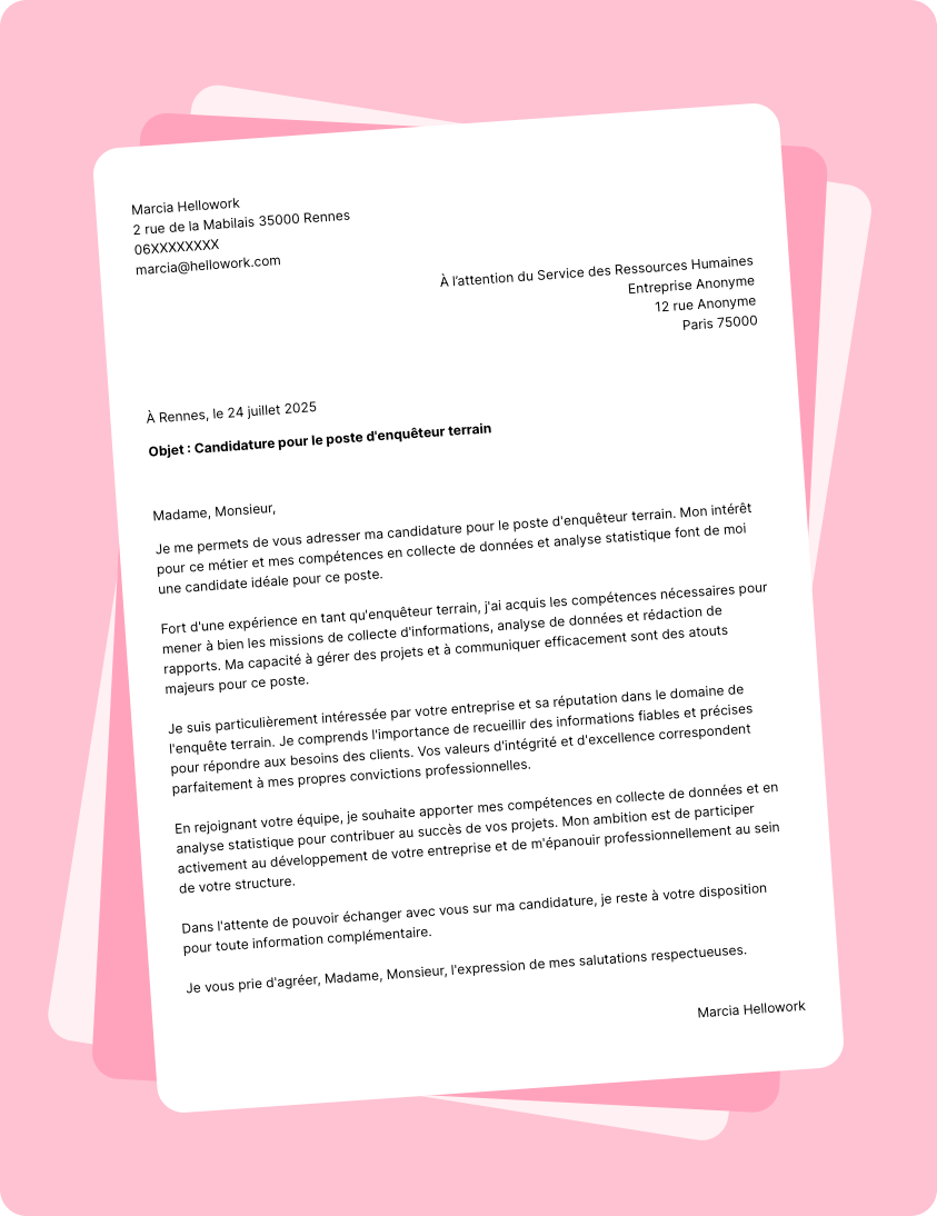 Modèle lettre de motivation Enquêteur terrain Exemple lettre de motivation Enquêteur terrain