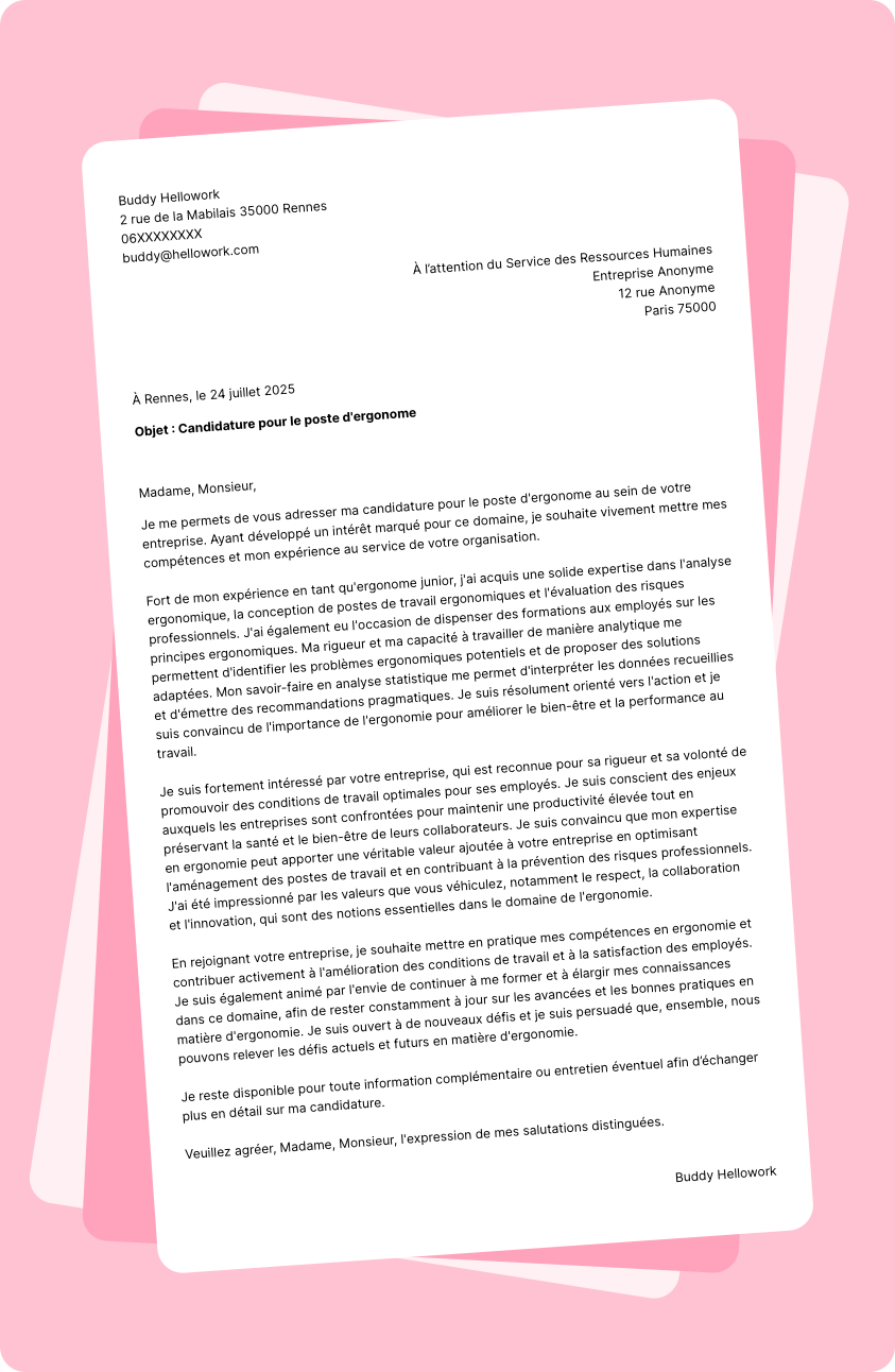 Exemple lettre de motivation Ergonome