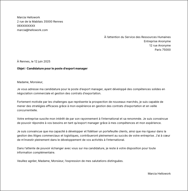 Modèle lettre de motivation Export manager Exemple lettre de motivation Export manager