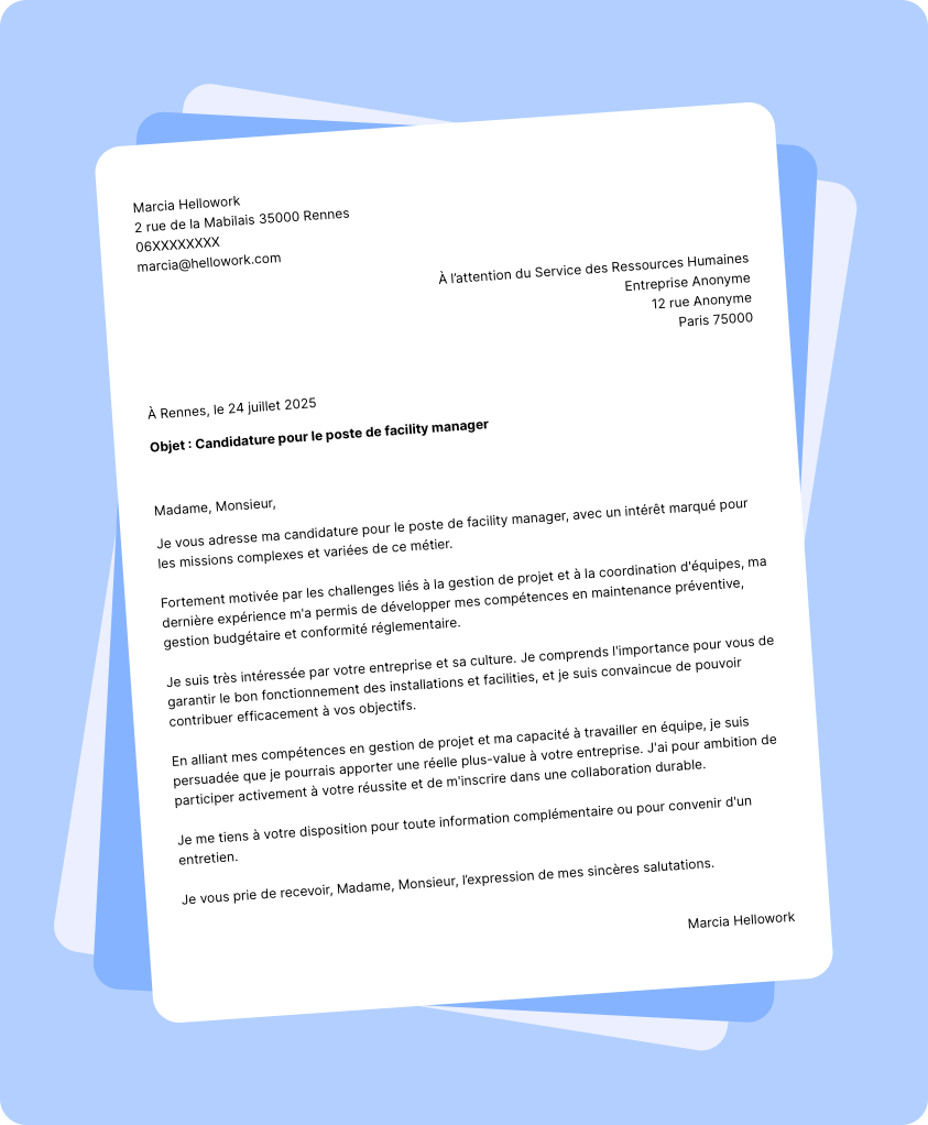 Exemple lettre de motivation Facility manager