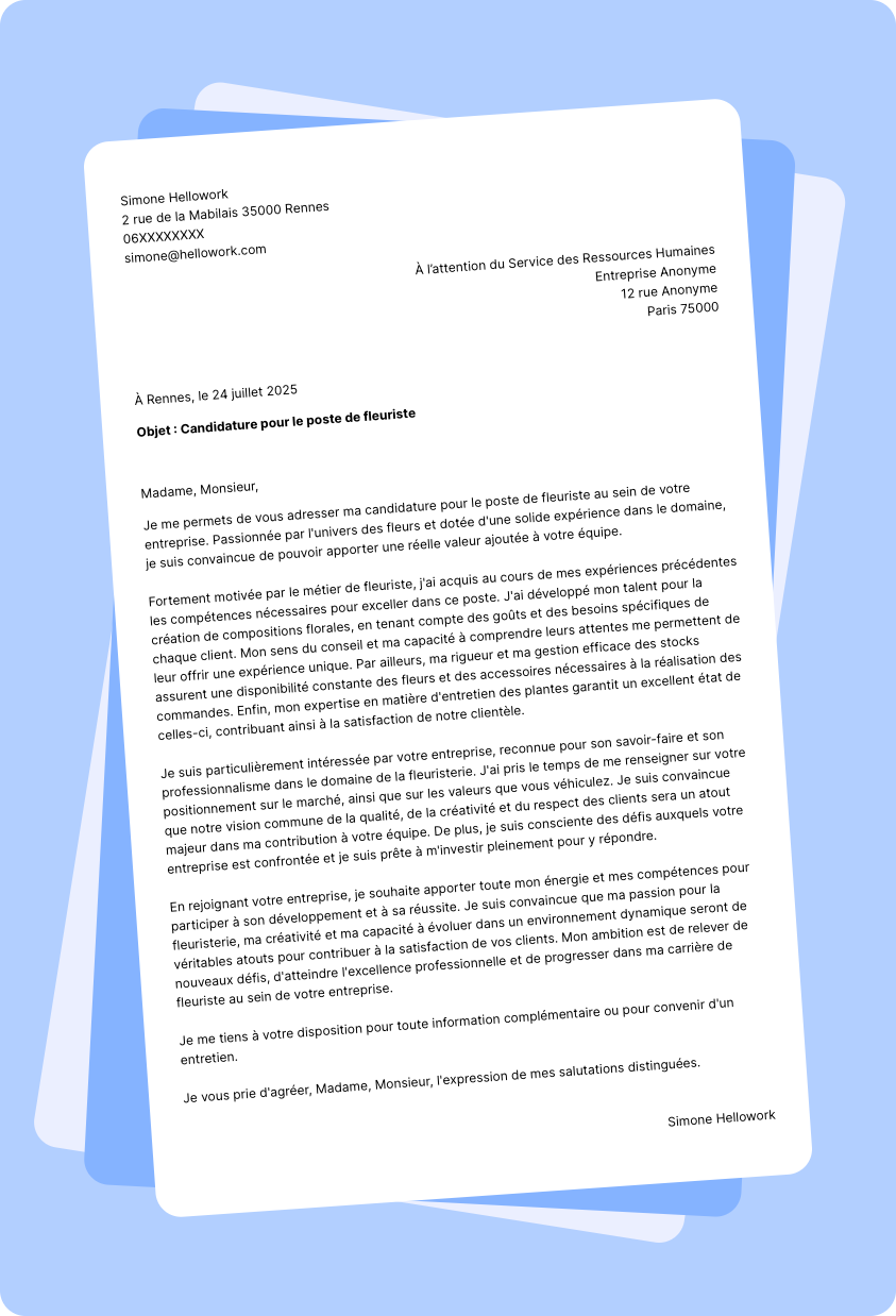 Exemple lettre de motivation Fleuriste