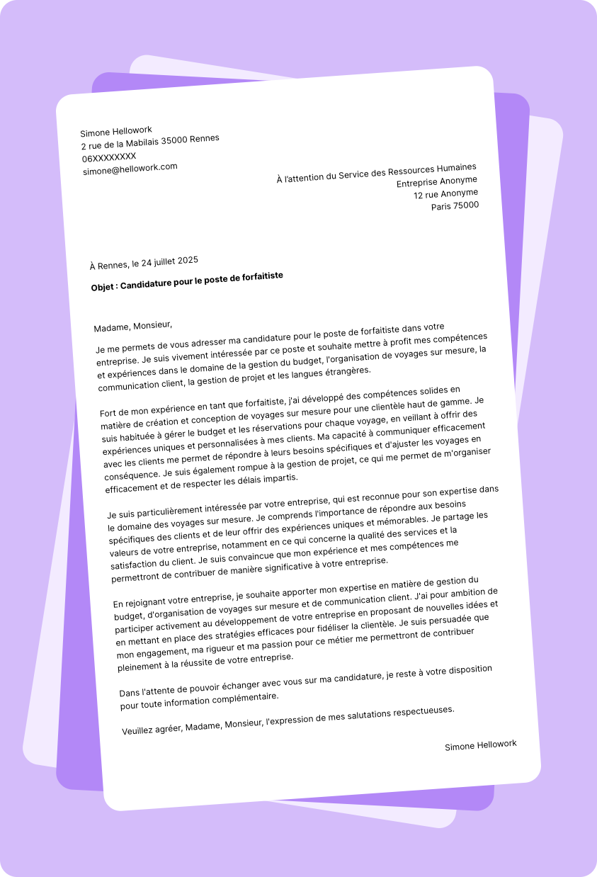 Exemple lettre de motivation Forfaitiste