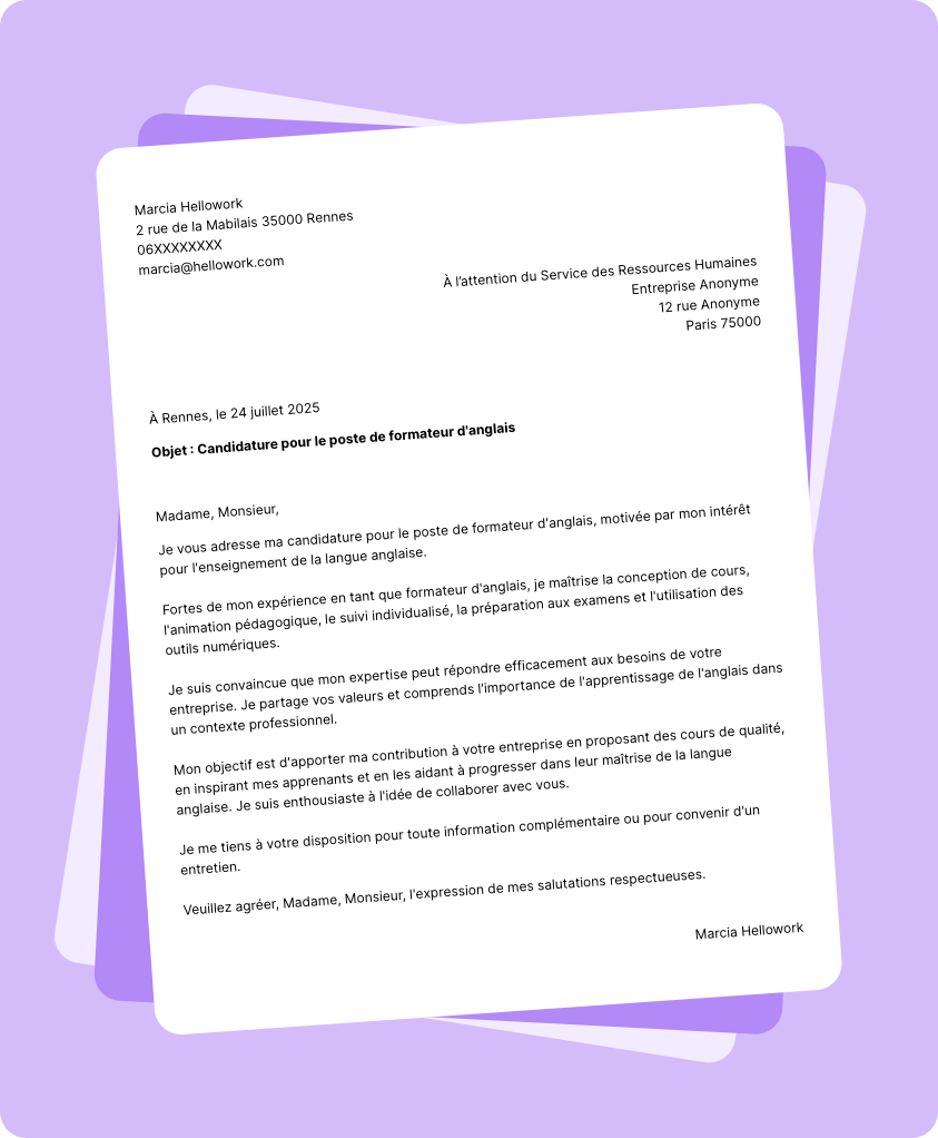 Modèle lettre de motivation Formateur d'anglais Exemple lettre de motivation Formateur d'anglais