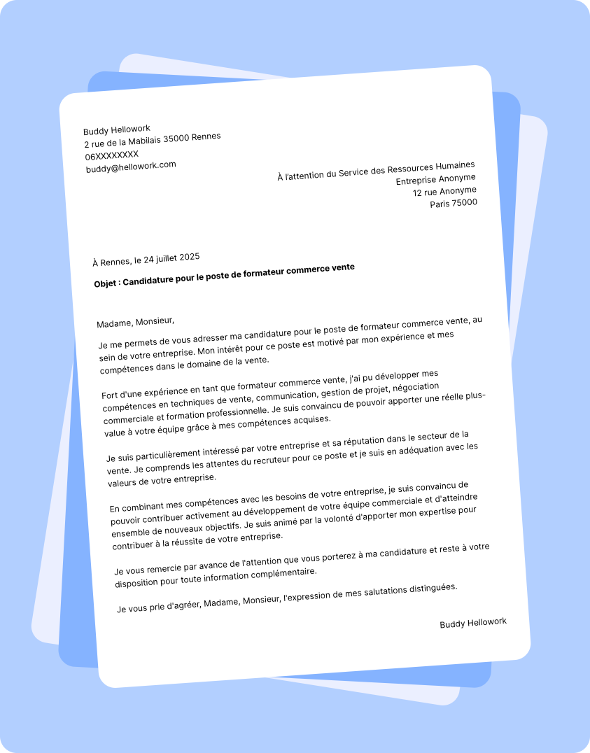 Exemple lettre de motivation Formateur commerce vente