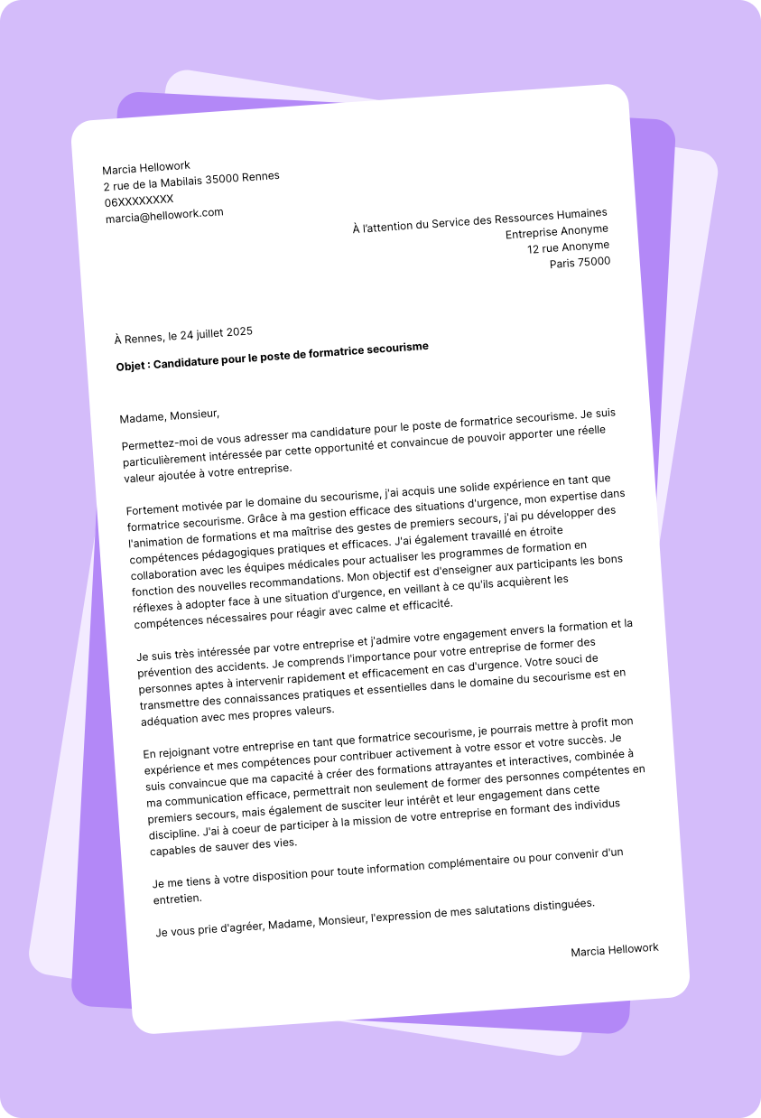 Exemple lettre de motivation Formateur secourisme