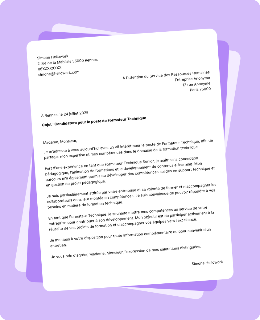 Modèle lettre de motivation Formateur technique Exemple lettre de motivation Formateur technique