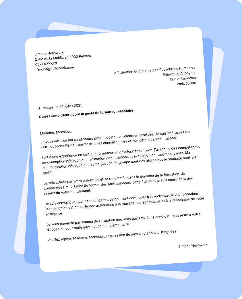 Exemple lettre de motivation Formateur vacataire