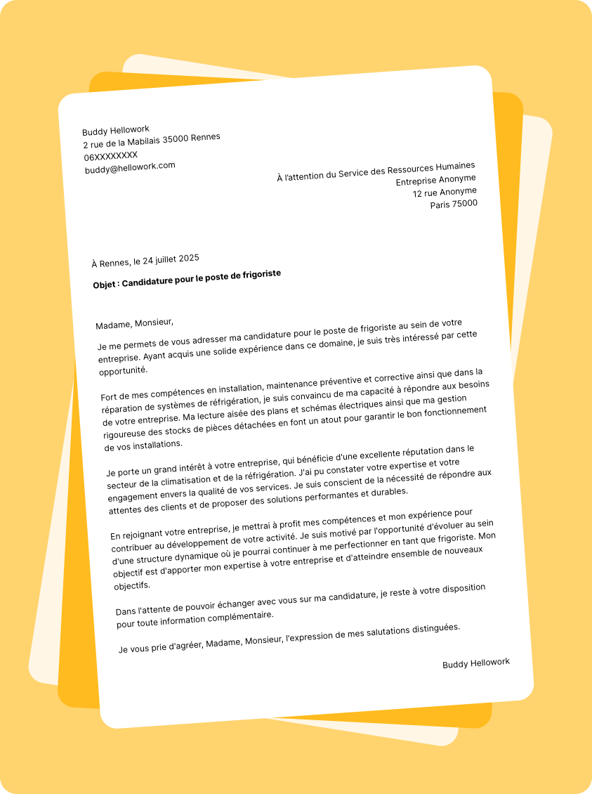 Exemple lettre de motivation Frigoriste