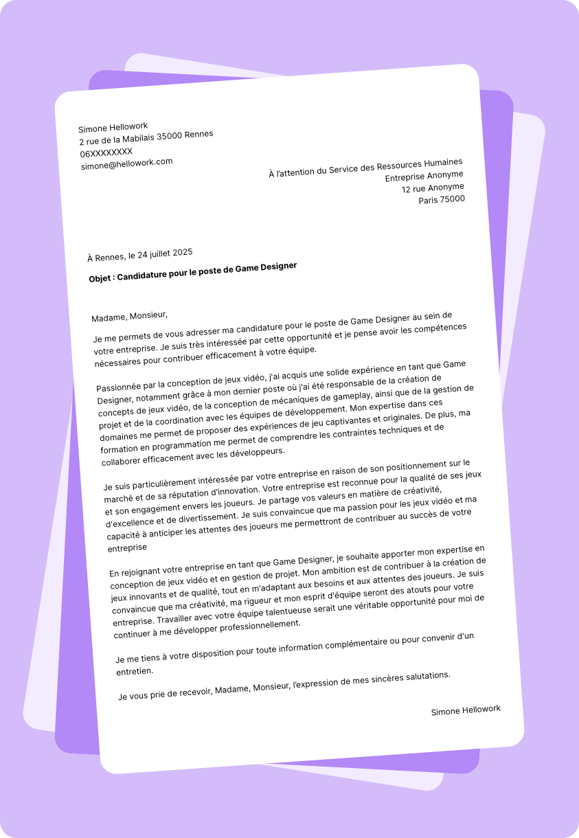 Modèle lettre de motivation Game designer Exemple lettre de motivation Game designer