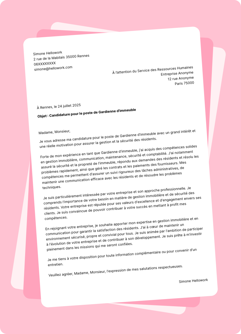 Modèle lettre de motivation Gardien d'immeuble Exemple lettre de motivation Gardien d'immeuble
