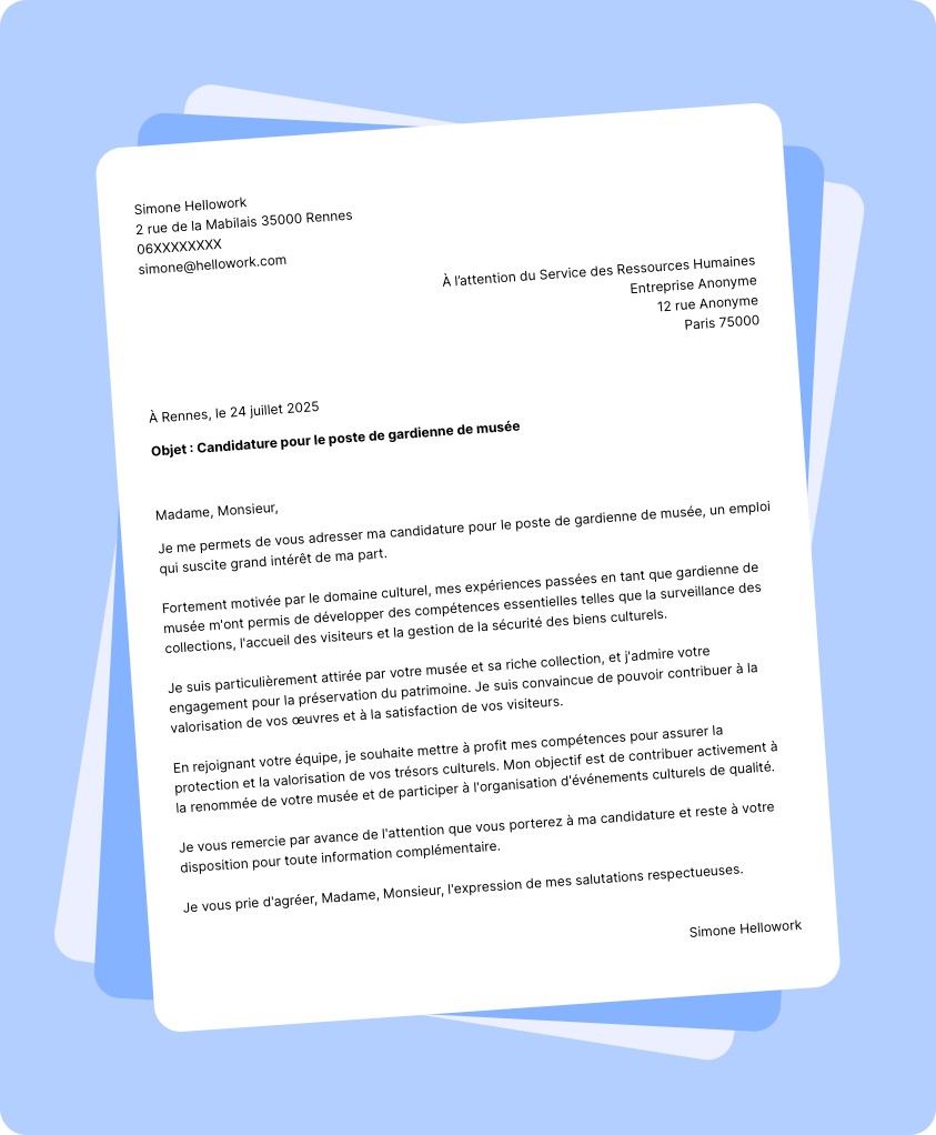 Exemple lettre de motivation Gardien de musée