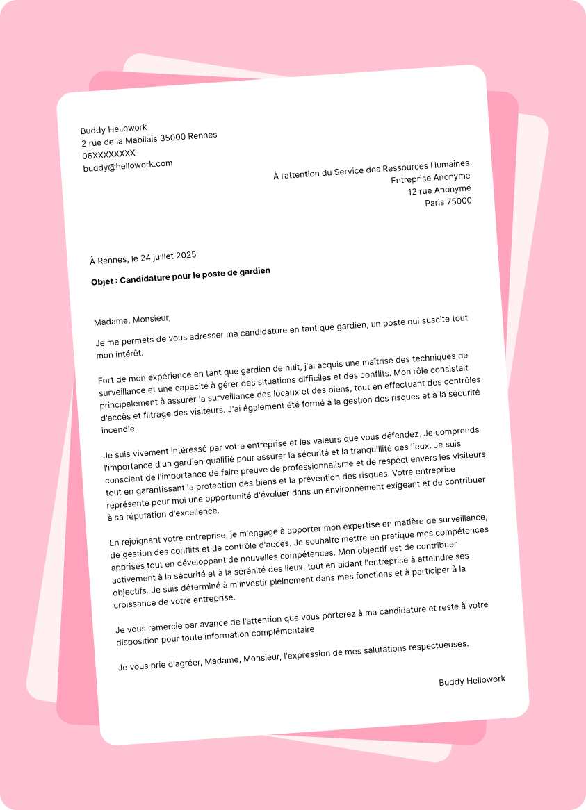 Exemple lettre de motivation Gardien