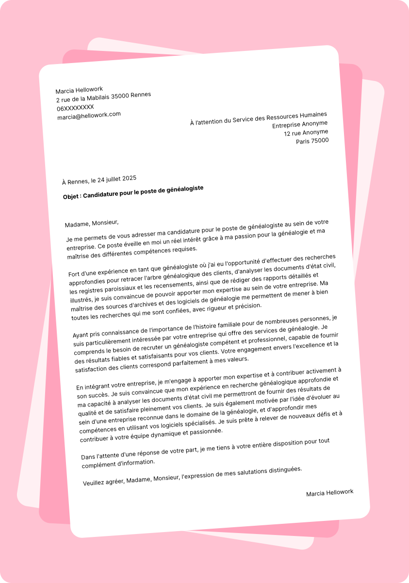 Exemple lettre de motivation Généalogiste