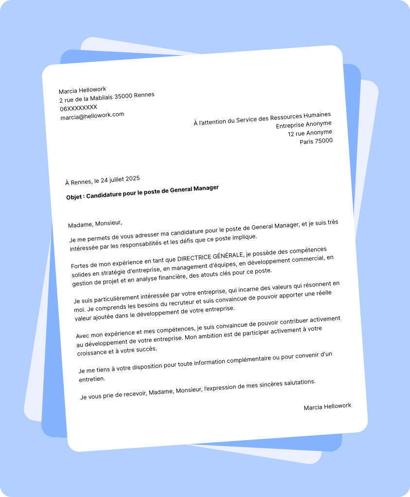 Exemple lettre de motivation General manager