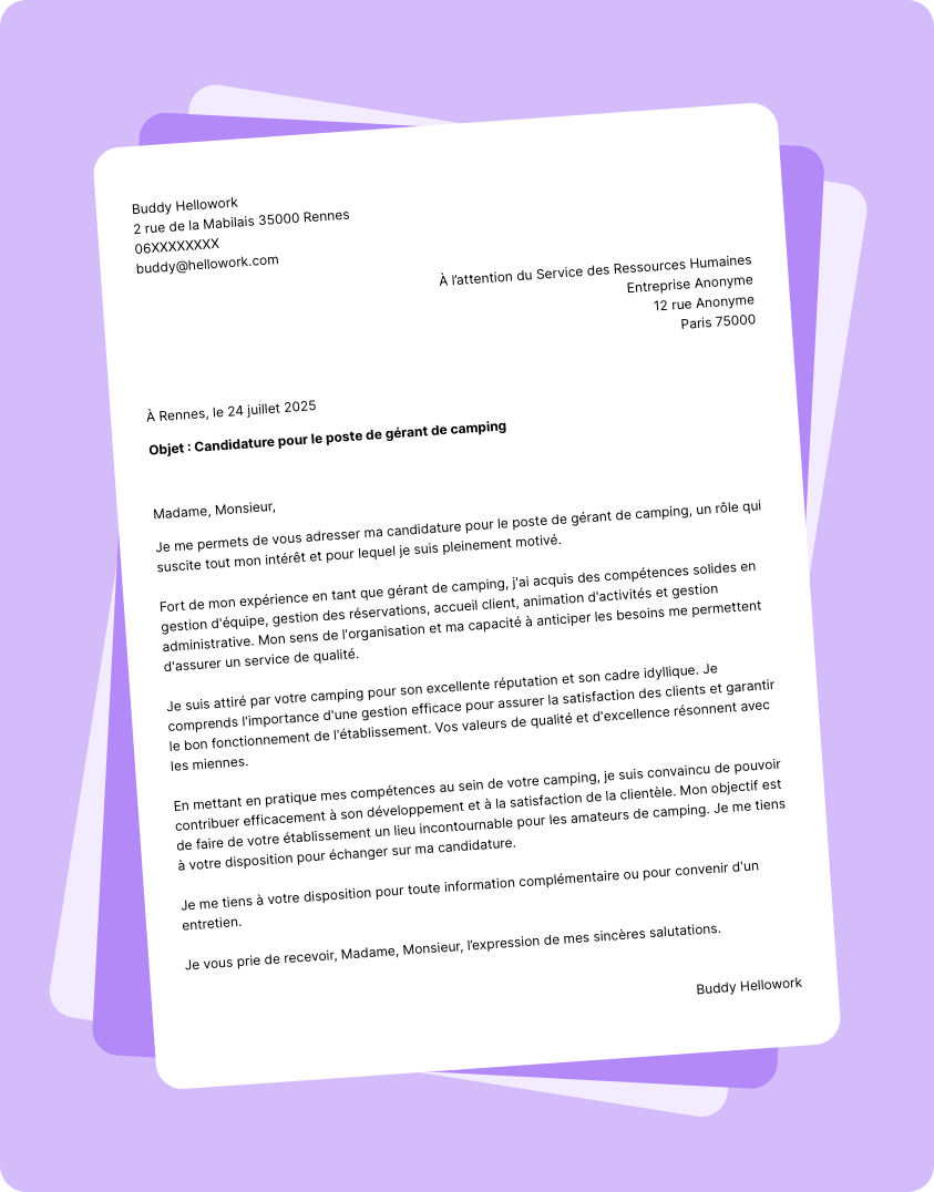 Exemple lettre de motivation Gérant de camping