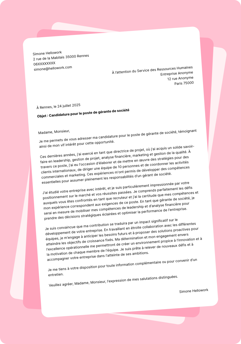 Exemple lettre de motivation Gérant de société