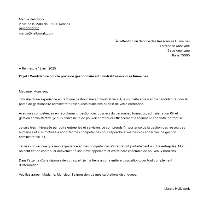 Modèle lettre de motivation Gestionnaire administratif ressources humaines Exemple lettre de motivation Gestionnaire administratif ressources humaines