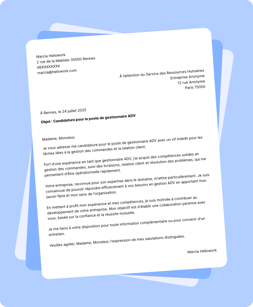 Modèle lettre de motivation Gestionnaire ADV Exemple lettre de motivation Gestionnaire ADV