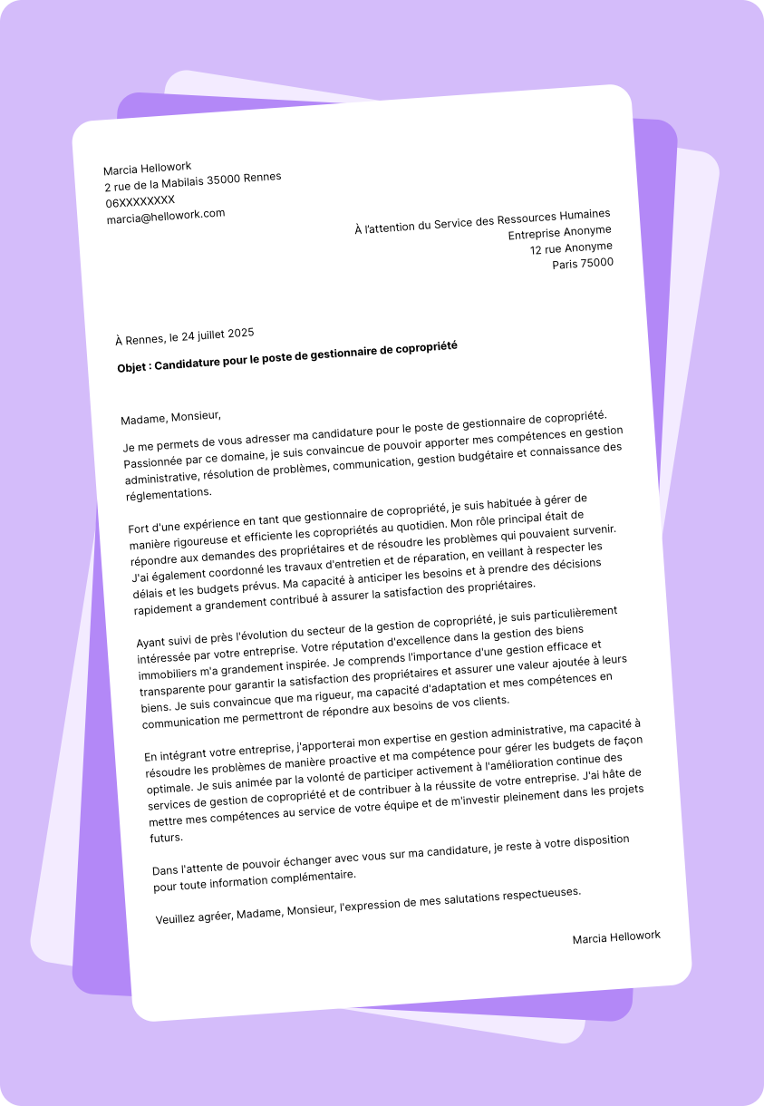 Exemple lettre de motivation Gestionnaire de copropriété