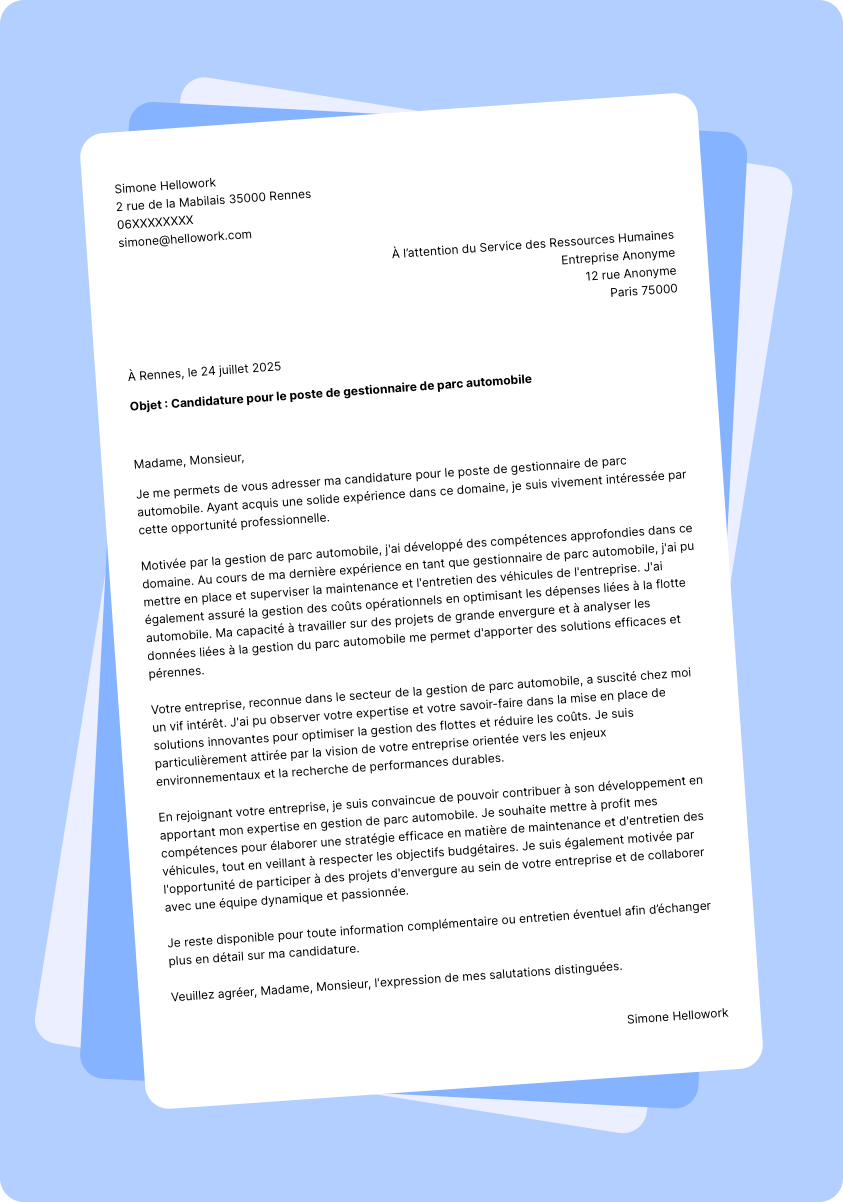 Exemple lettre de motivation Gestionnaire de parc automobile
