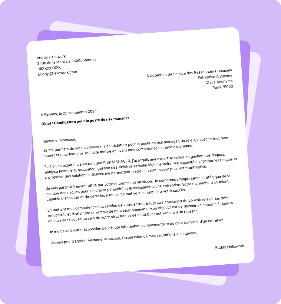 Modèle lettre de motivation Risk manager Exemple lettre de motivation Risk manager