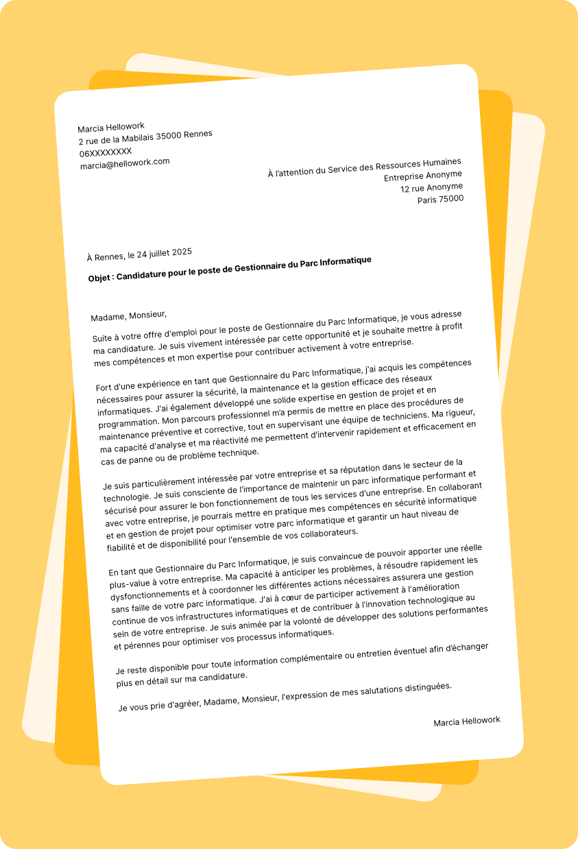 Exemple lettre de motivation Gestionnaire de parc informatique