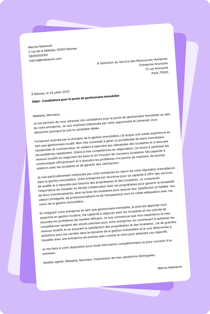 Exemple lettre de motivation Gestionnaire d'immobilier