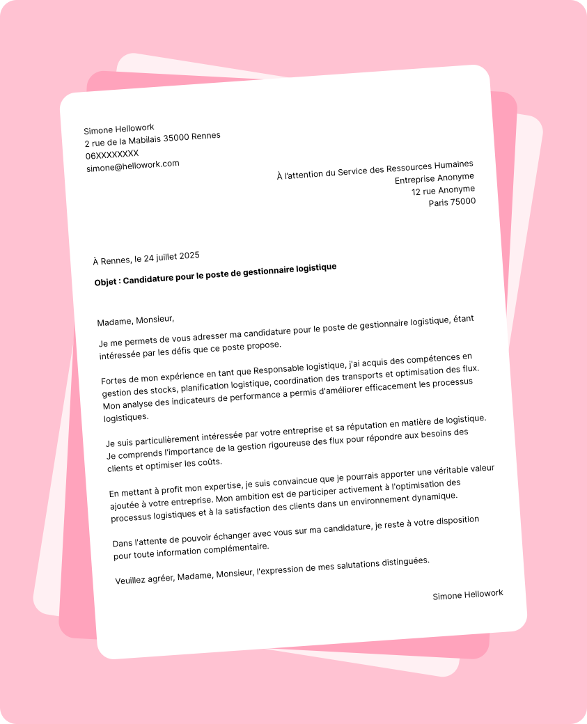 Exemple lettre de motivation Gestionnaire logistique